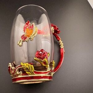 Glass Coffee Tea Cup 3D Jeweled Red & Gold Enamel Rose & Butterfly ARC Of France